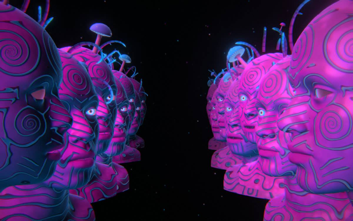 Chorus: A crowd of carved heads, from a choir to an endless hall.