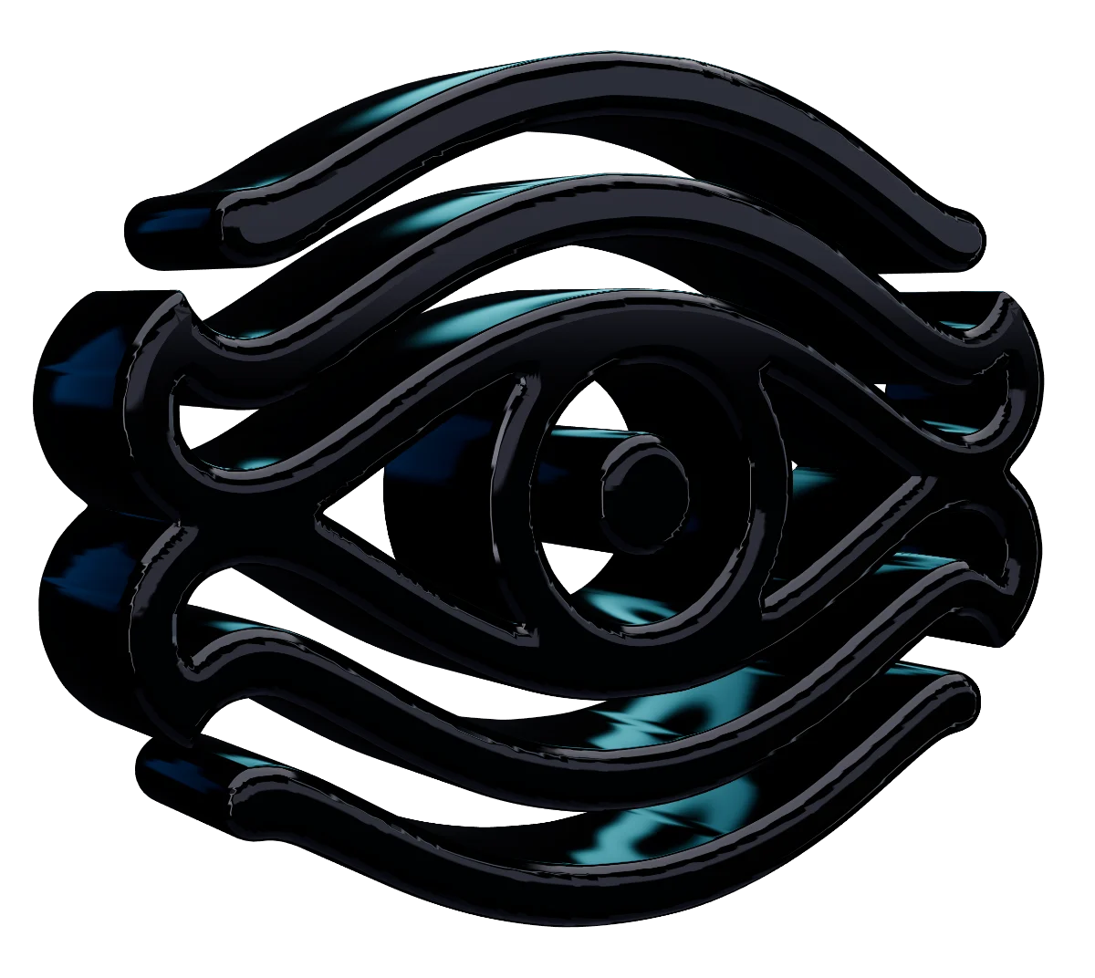 The same 3D logo in black chrome, dark metal with bright edge highlights