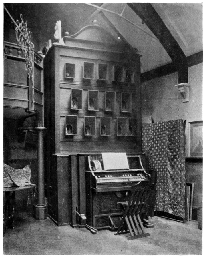 Rimington's Colour-Organ: a tall cabinet of lamps above an organ console, in his studio