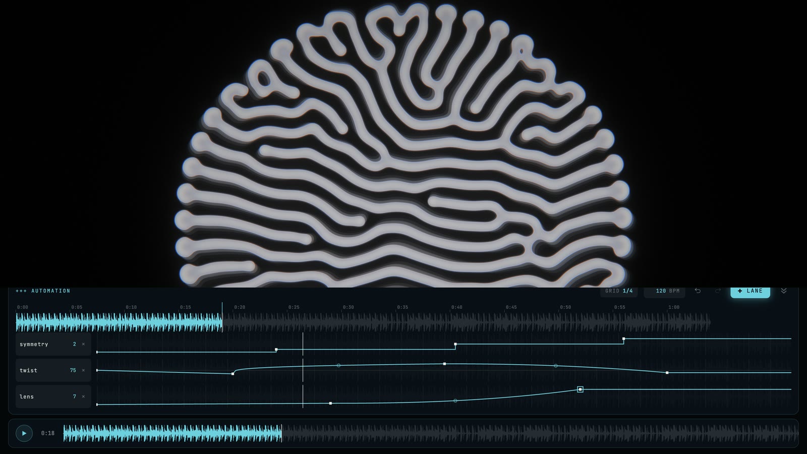 Automation lanes for symmetry, twist and lens curving under a track waveform
