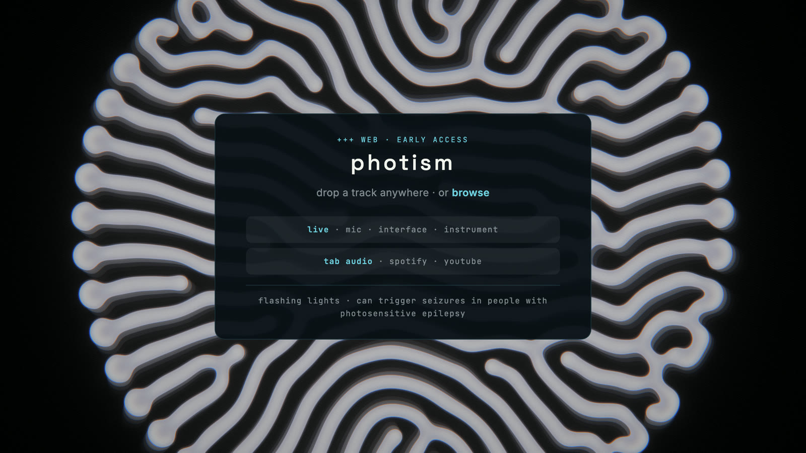 Photism Online with its audio source picker open: a track, mic, interface, instrument, or browser tab audio