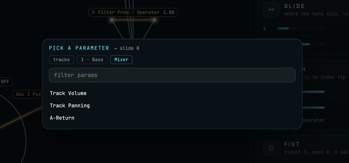 The LIST picker open on a track's Mixer: Track Volume, Track Panning and the A-Return send